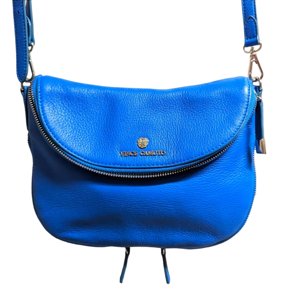 Vince Camuto expandable flap leather small crossbody bag, electric blue color